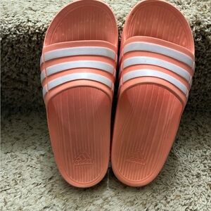 Adidas Bright Coral Slides with White Stripes